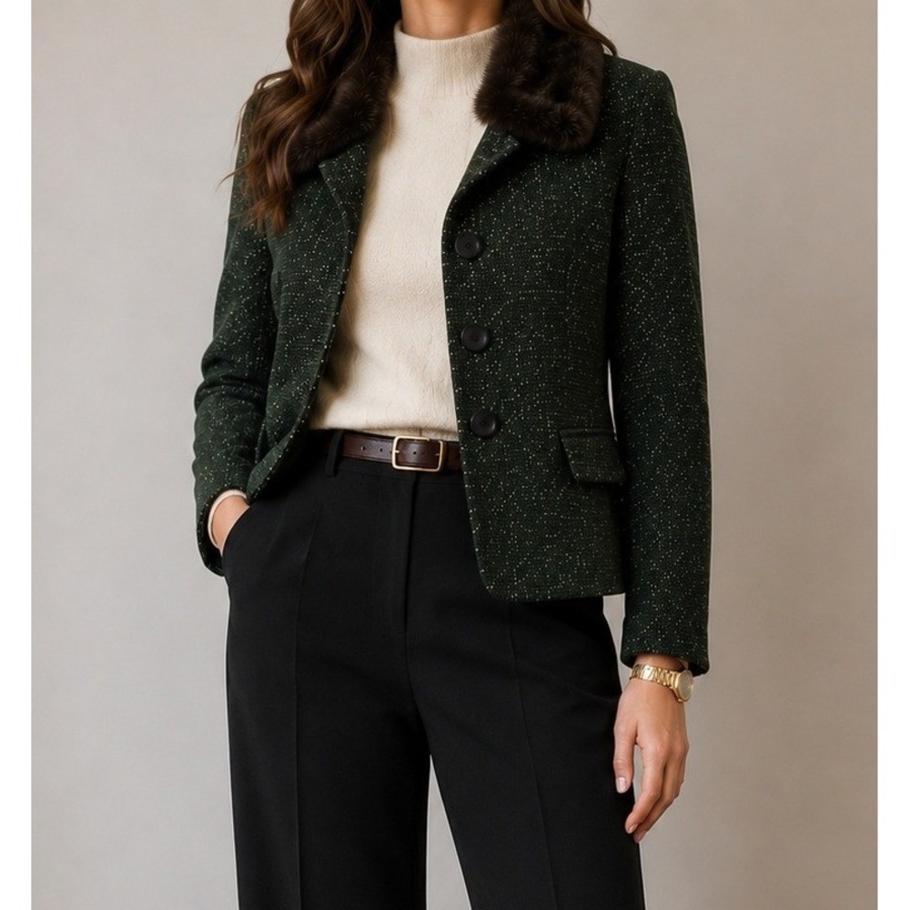 Vintage Green Tweed Blazer 12 Faux‎ Fur Collar Preppy Old Money Classic Jacket